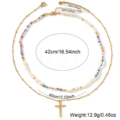 304 Stainless Steel Cross Pendant Paux Pearl & Glass & Natural Mixed Stone Beaded Double Layer Necklaces for Women RM5480-1