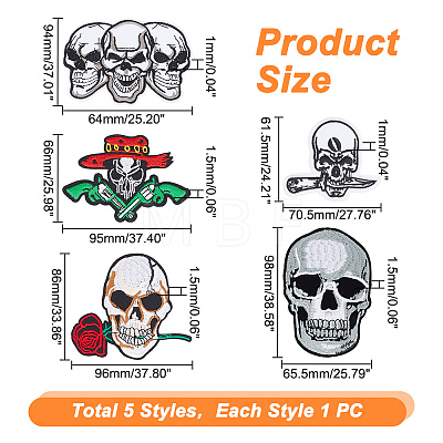 HOBBIESAY 5Pcs 5 Style Skull Computerized Embroidery Cloth Iron on Patches PATC-HY0001-23-1