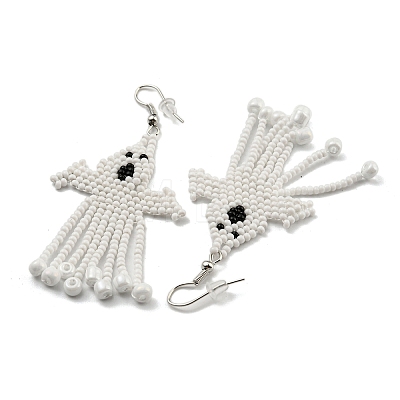 Boho Seed Bead Halloween Ghost Tassel Earrings EJEW-Q380-04A-1