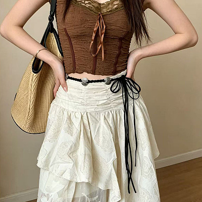 Boho Embossed Floral Alloy Coin Polyester Tie Chain Belts for Women FS-WGDC917-01-1