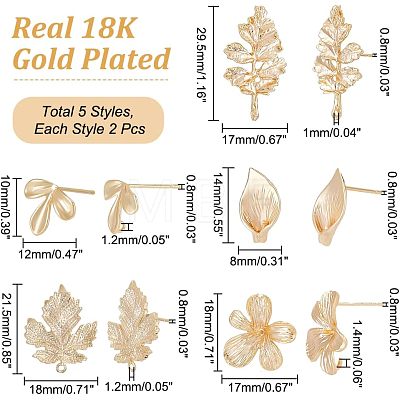 10Pcs 5 Style Brass Stud Earring Findings KK-CA0002-05-1