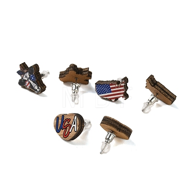 3 Pairs 3 Styles Independence Day Theme Wood Stud Earrings Sets SJEW-K002-06-1