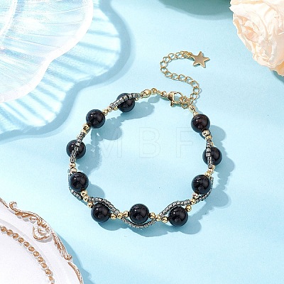 Round Natural Black Agate Beaded Bracelets for Women BJEW-MZ00151-02-1