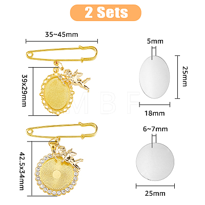 2Pcs 2 Style Oval & Flat Round Blank Glass Dome Wedding Bouquet Photo Charms Safety Pin Brooches with Crystal Rhinestone JEWB-AB00007-1