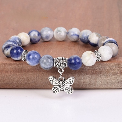 8MM Round Natural Sodalite Beaded Stretch Bracelets with Alloy Butterfly Charms FQ7211-17-1