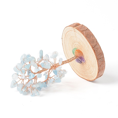 Natural Aquamarine Chips with Brass Wrapped Wire Money Tree on Wood Base Display Decorations DJEW-B007-05C-1