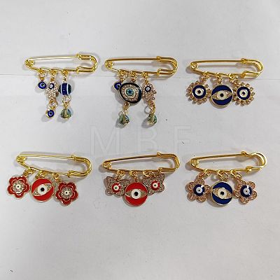 6Pcs 6 Style Flower & Butterfly & Evil Eye Enamel Charms Safety Pin Brooches Set JEWB-FH0001-31-1