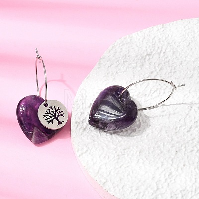 Natural Amethyst & 304 Stainless Steel Hoop Earrings for Women EJEW-G475-05P-06-1
