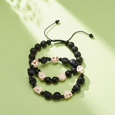 2Pcs 2 Style Natural Lava Rock & Mixed Gemstone Skull Braided Bead Bracelets Set BJEW-JB08381-1