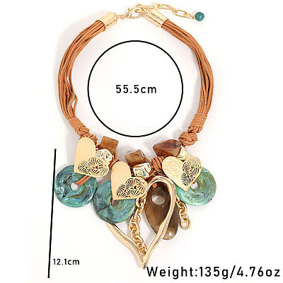 Bohemian Style Alloy Resin Disc Heart Pendant Multi-strand Waxed Cord Bib Necklaces for Women FS-WGB6778-01-1