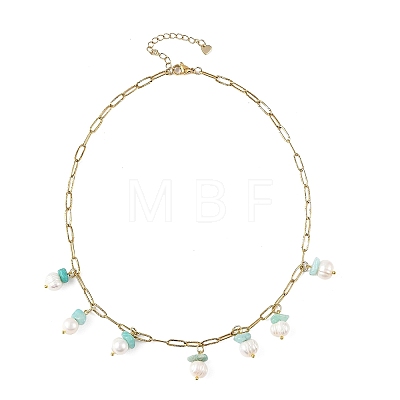 Natural Amazonite Chip and Pearl Tassel 304 Stainless Steel Paperclip Chain Necklaces for Women NJEW-JN06528-03-1