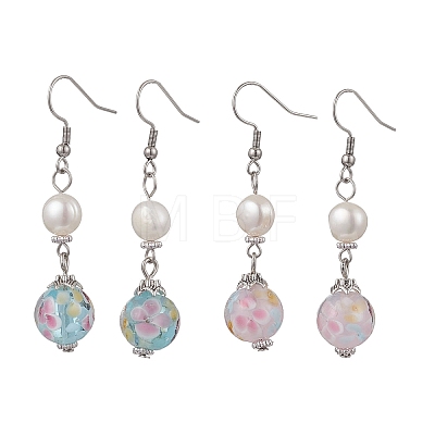 Round Natural Cultured Freshwater Pearl & Lampwork Dangle Earrings EJEW-JE06881-1