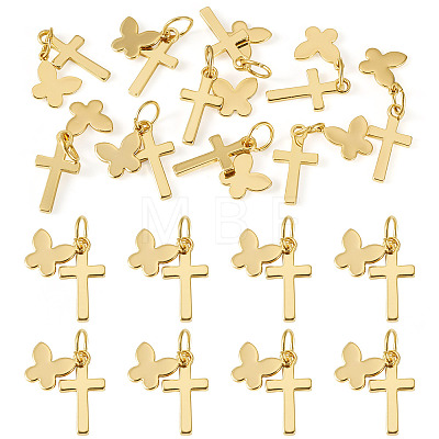 10Pcs Cross with Butterfly Brass Pendants PALLOY-TAC0272-1