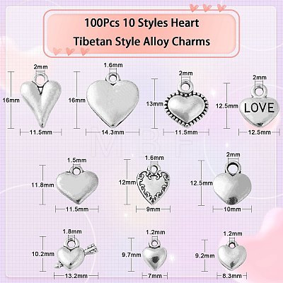 100Pcs 10 Styles Heart Tibetan Style Alloy Charm Pendants TIBEP-CJ0002-69-1