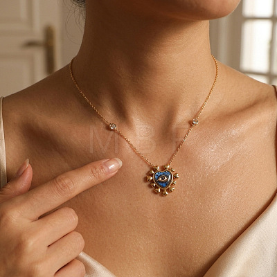Printed 304 Stainless Steel Blue Evil Eye Heart Pendant Necklaces for Women WG502A7-03-1