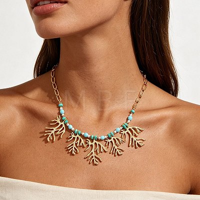 Boho Alloy Coral Shape Pendant Bib Necklaces with Resin Beads for Women WG3C14A-01-1