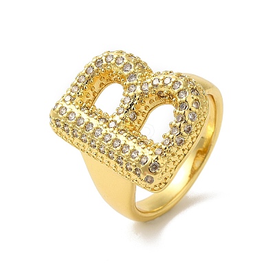 Letter Brass Micro Pave Clear Cubic Zirconia Open Cuff Ring for Women RJEW-N046-03B-G-1