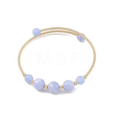 Natural Blue Lace Agate Round Graduated Beaded Brass Cuff Bangles BJEW-JB14463-02-1