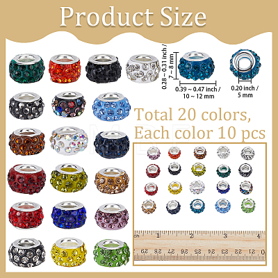 200Pcs 20 Colors Handmade Polymer Clay Rhinestone European Beads CPDL-PA0001-01A-1