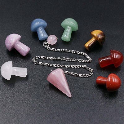 Natural Gemstone Dowsing Pendulum Hexagonal Cone Big Pendants & Mushromm Massage Stone Sets WG51030-01-1