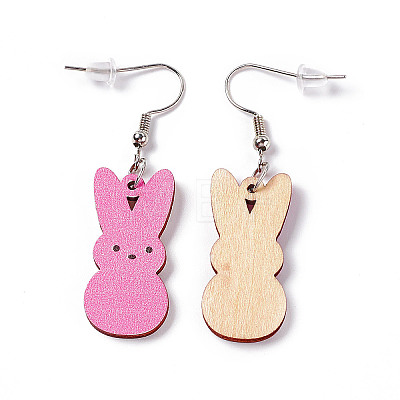 Rabbit Wooden Dangle Earrings EJEW-D189-01C-1