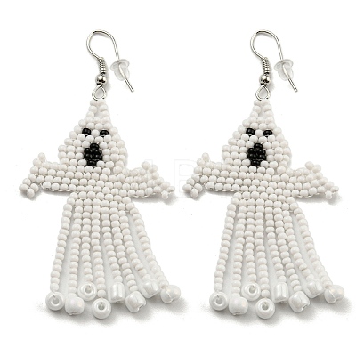 Boho Seed Bead Halloween Ghost Tassel Earrings EJEW-Q380-04A-1