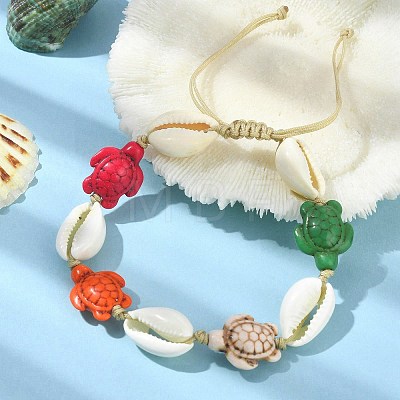 Synthetic Turquoise Tortoise & Natural Shell Braided Bead Bracelets BJEW-TA00367-1
