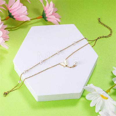 Double Layered Chain Butterfly Anklet Imitation Pearl Butterfly with Beaded Charms Anklet Summer Beach Dainty Jewelry Gift for Women JA198A-1