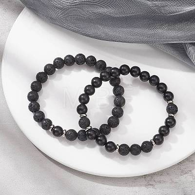 2Pcs 2 Style Natural Rosewood & Lava Rock Round Beaded Stretch Bracelets Set for Women BJEW-JB09381-03-1