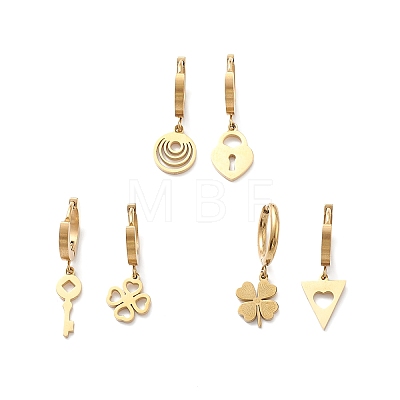 3 Pair 3 Style Clover & Lock & Key & Triangle & Flat Round Asymmetrical Earrings EJEW-B020-01G-1