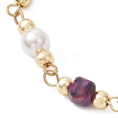 Dyed & Heated Natural Tiger Eye Cube & Shell Pearl Round Beads Link Bracelets BJEW-JB12907-02-1