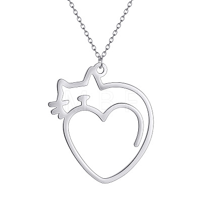 201 Stainless Steel Heart with Cat Outline Pendant Necklaces for Women FS-WG6120F-02-1
