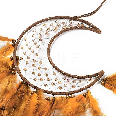 Moon Woven Web/Net with Feather Hanging Ornaments HJEW-G025-09B-1