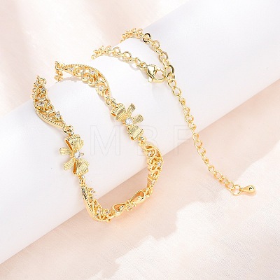 Brass Pave Clear Cubic Zirconia Bowknot and Hollow Moon Link Chain Necklaces NJEW-D348-02G-1