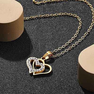 304 Stainless Steel Crystal Rhinestone Heart Pendant Cable Chain Necklaces for Women NJEW-Z056-01B-G-1