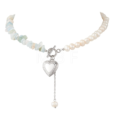 Natural Morganite Chip with Potato Natural Pearl Beaded Necklaces NJEW-JN05894-02-1