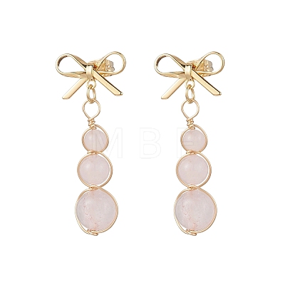 Natural Rose Quartz Bowknot with Round Dangle Stud Earrings EJEW-JE06780-01-1