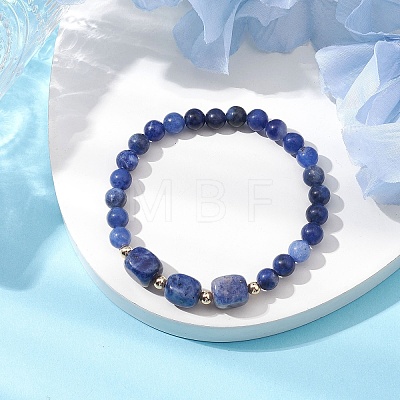 Natural Sodalite Cube & Round Beaded Stretch Bracelets BJEW-JB10807-04-1