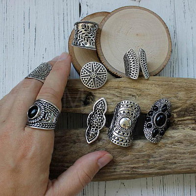 8Pcs Retro Alloy and Resin Cuff Open Rings Set WG49266-01-1