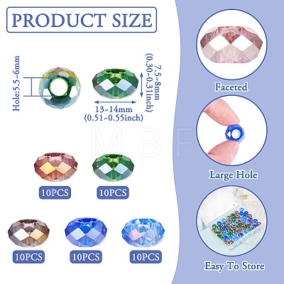 50Pcs 5 Colors Transparent Glass European Beads GPDL-TA0001-05-1