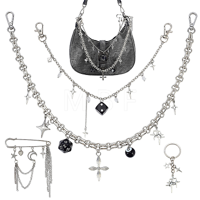 4Pcs 4 Styles Alloy Rhinestone Chain Brooch & Keychain with Iron Split Key Rings & Acrylic & Brass Chain Purse Chains HJEW-PH02616-1