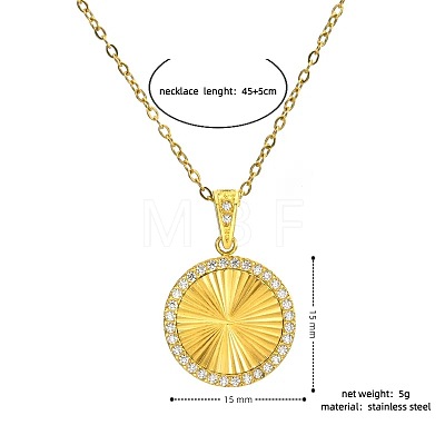 304 Stainless Steel Micro Pave Clear Cubic Zirconia Round Medal Pendant Necklaces WGE37BE-01-1
