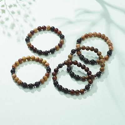 Natural Lava Rock & Wood Beaded Stretch Bracelet BJEW-JB08535-02-1