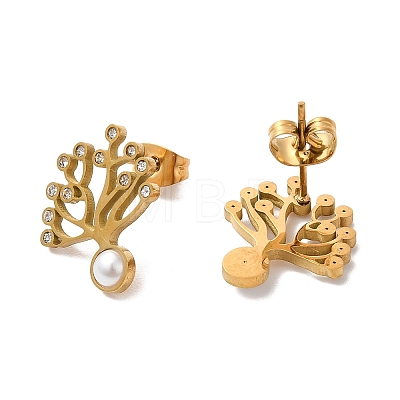 Crystal Rhinestone Tree of Life Stud Earrings with Plastic Pearl Beaded EJEW-E286-09G-1