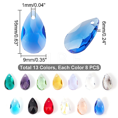 AHADERMAKER 104Pcs 13 Colors Faceted Teardrop Glass Pendants GLAA-GA0001-40-1