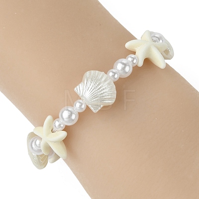 Adjustable Starfish & Shell Shape ABS Imitation Pearl and Synthetical Turquoise Beaded Braided Bead Bracelets for Women BJEW-JB13814-1