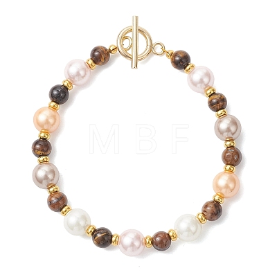 Shell Pearl & Natuarl Tiger Eye Round Beaded Bracelets for Women BJEW-JB12896-1
