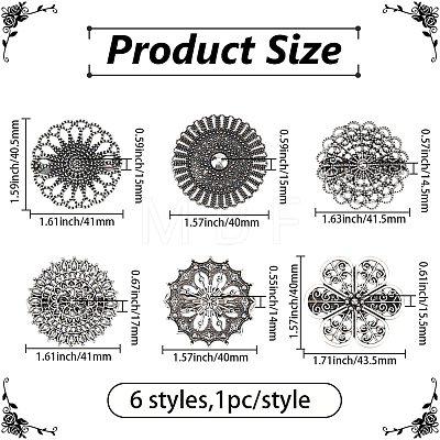 6Pcs 6 Styles Vintage Alloy Filigree Flower Anti-Slip Sweater Pins FIND-CY0002-28-1