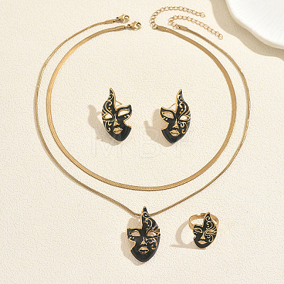 201 Stainless Steel Mask Stud Earrings & Pendant Necklaces & Rings Sets for Women AB3701-1