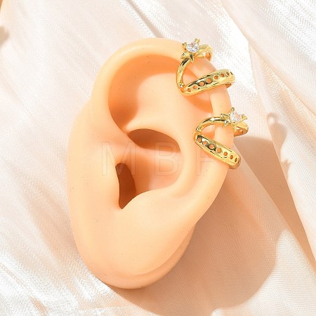 C-Shaped with Star Brass Micro Pave Clear Cubic Zirconia Cuff Earrings EJEW-L316-01G-12-1